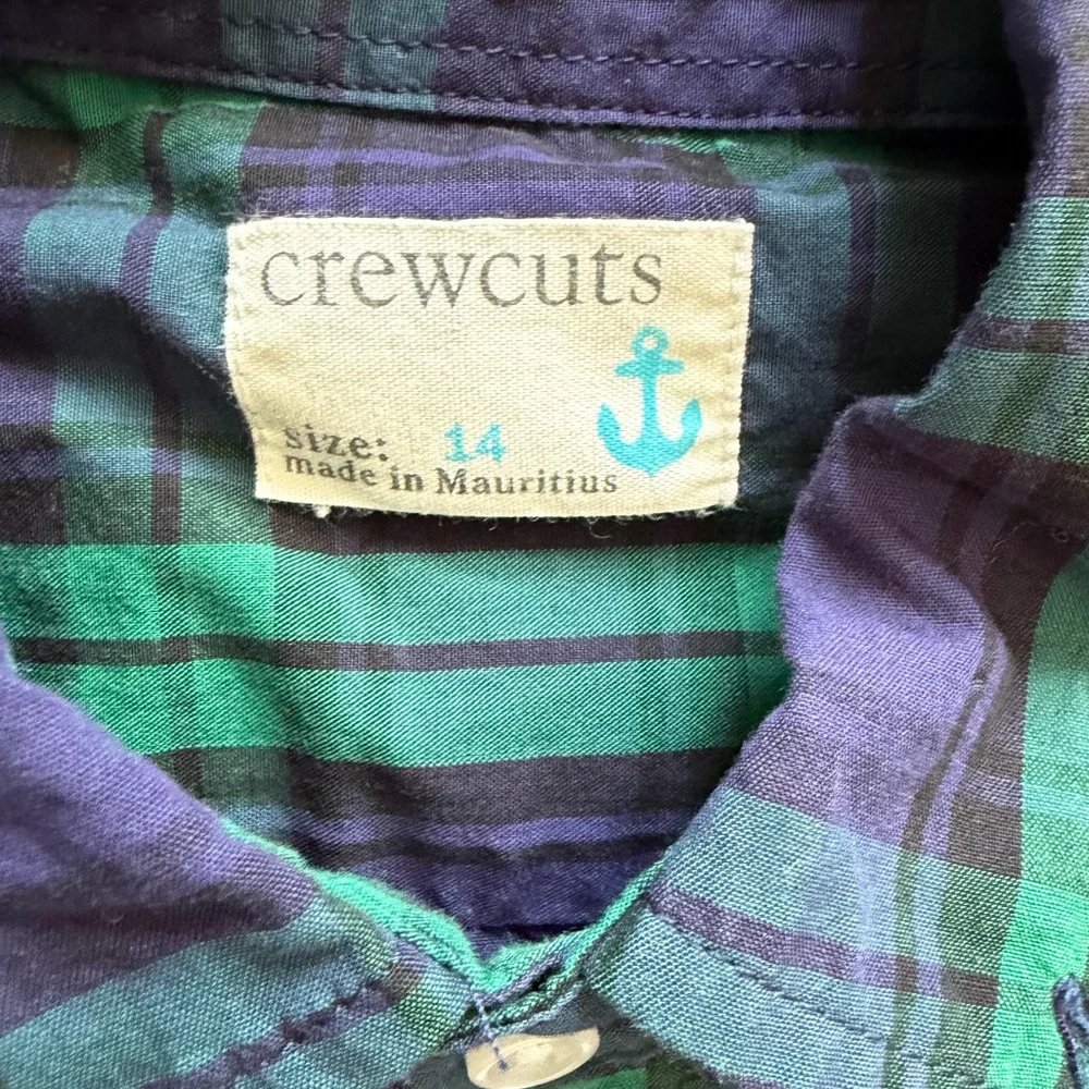 Crewcuts Flannel Plaid Green Blue Button-up Shirt Size 14 EUC